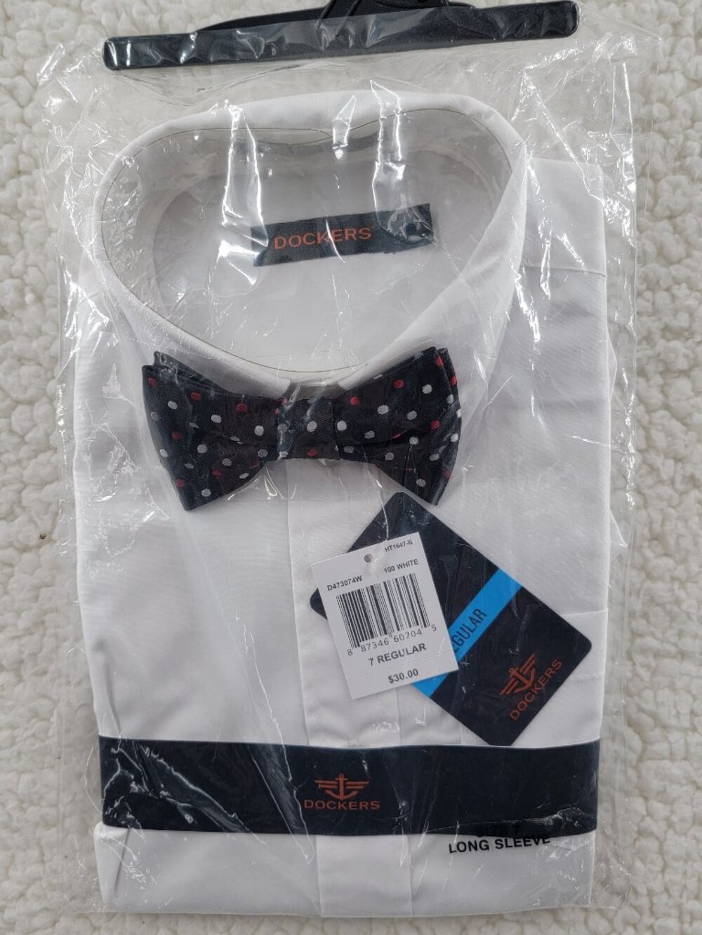 NWT Boys Dockers White Button down Shirt With Black Polka Dot Bowtie Size 7